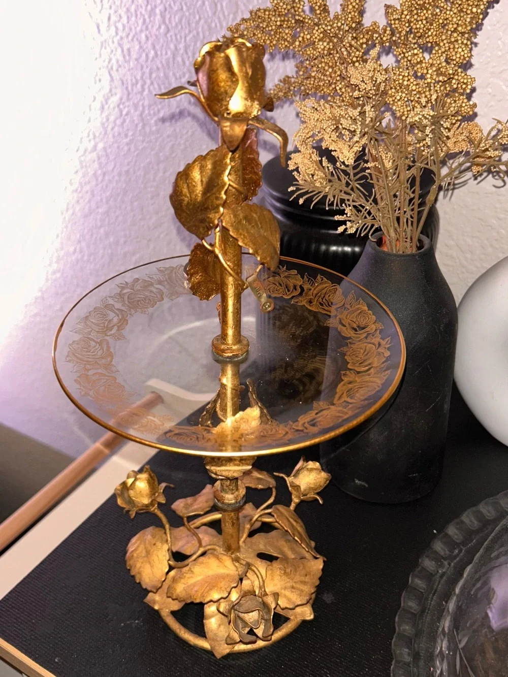 Vintage Italian Gold Guild Rose Pedestal Trinket Dish